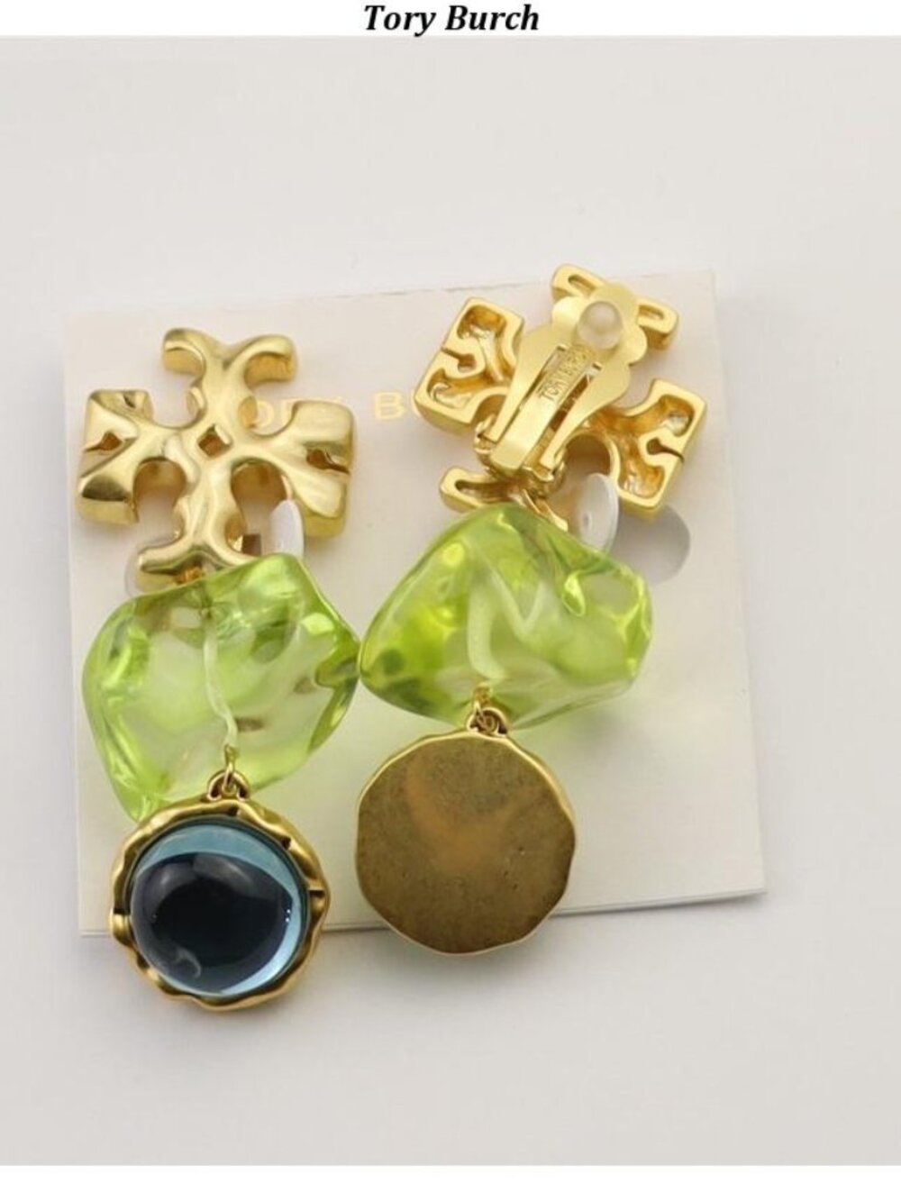 Tory Burch Gold-Tone Drop Earrings with Lime Green and Blue Accents